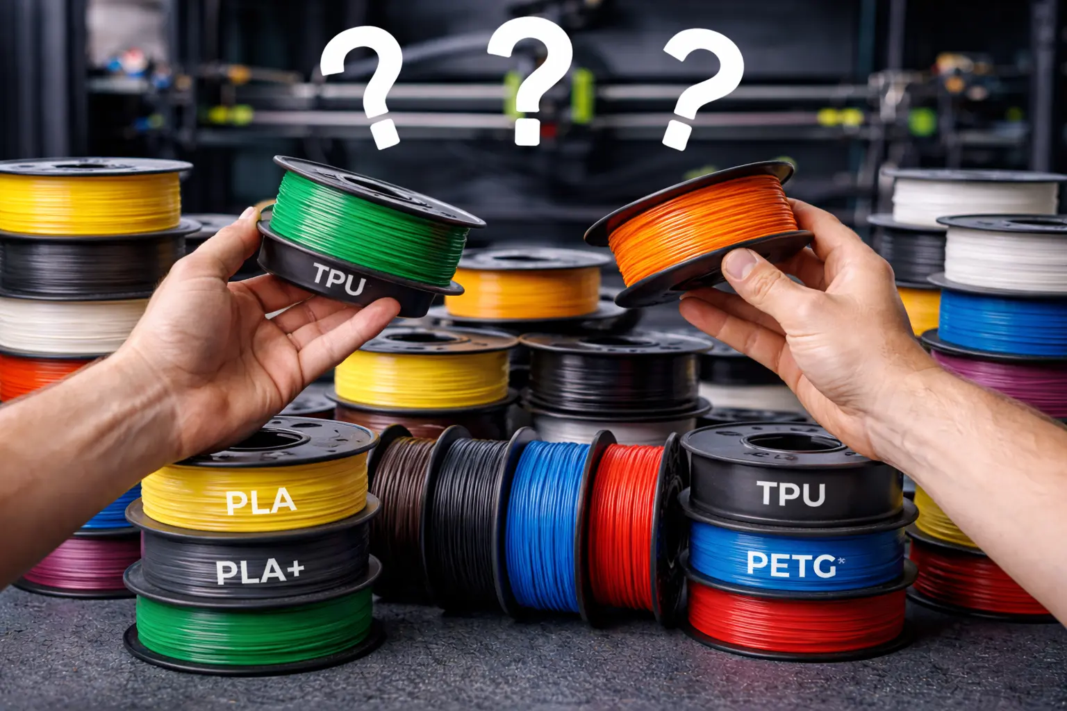 Rôzne typy 3D filamentov PLA PETG TPU